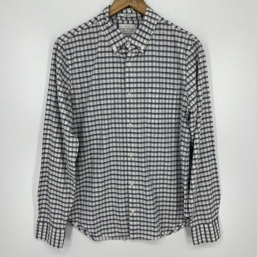Lucky Brand Saturday Stretch Mens Plaid Button Down Shirt Blue White Classic M